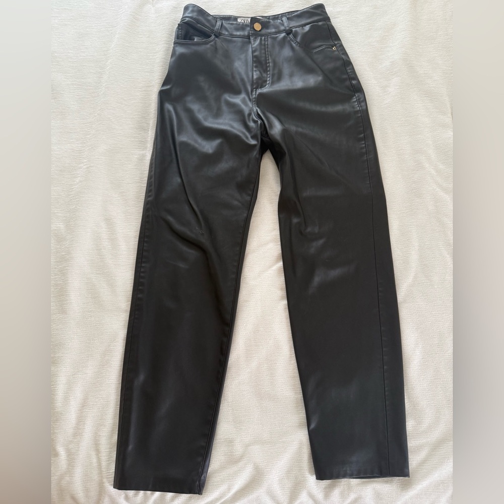 Zara Black Leather Straight Leg Pants